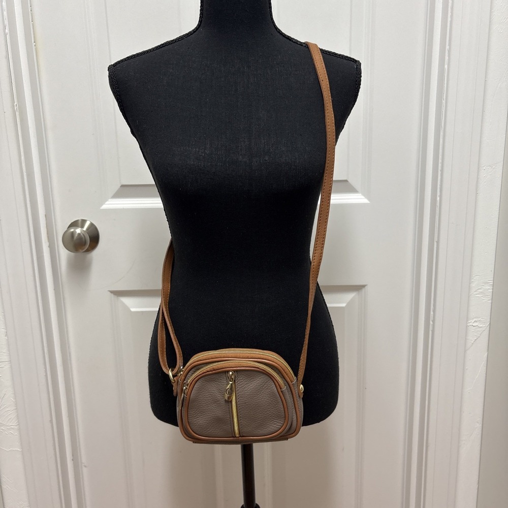 VALENTINA Pebbled Taupe Made In Italy Leather Small Crossbody Gold Hardware‎